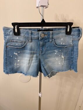Express Light Blue Distressed Denim Shorts with White Paint Splatter